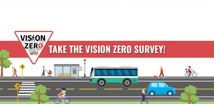 Bus, Cars and Pedestrian Icons on White Background with Vision Zero Triangle Logo on Left