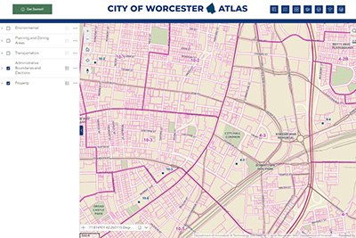 Screenshot of Worcester Atlas Interactive Map with Pink Boundary Lines