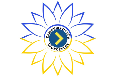 Dementia Friendly Worcester Logo with Blue and Yellow Flower Petals