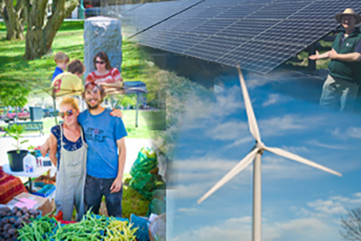 Collage of Solar Panels, Green Spaces and Windmills