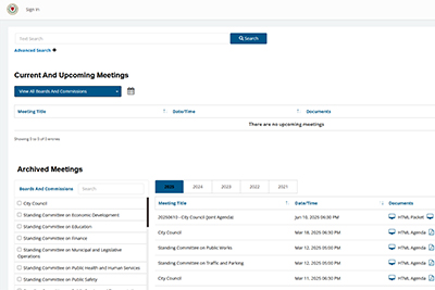 Screenshot of the Main Landing Page for the OneMeeting Portal for Worcester Agendas & Minutes