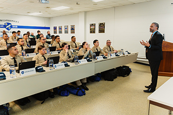 City Manager Batista Speaking in Classroom in Front of WPD Recruit Class