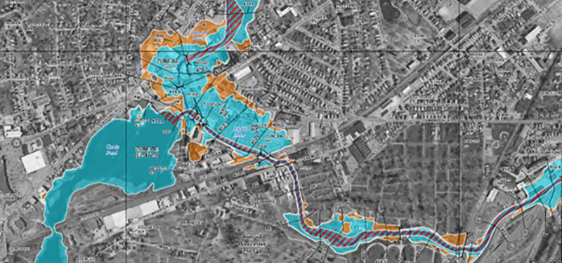 Grey Map of Blue and Orange Flood Areas