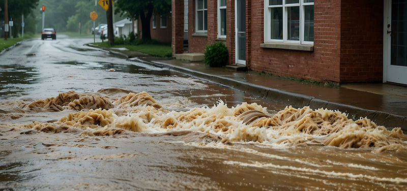 Flooding Waters Rushing Down a Street in Front of an Apartment Building