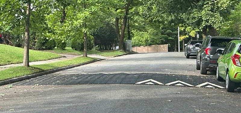 Temporary Speed Hump on a City Street with Sidewalk and Trees on the Side