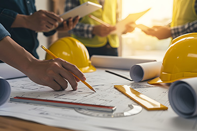 Engineering Papers with People Writing and Yellow Hard Hats