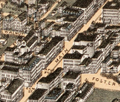 Historical Map of Worcester Showing Buildings and Streets in Main and Foster Streets Area