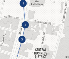 Map Screenshot of Worcester with Three Blue Points Connected by a Line in Central Business District
