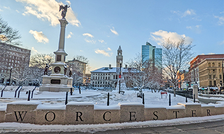 Back of City Hall Common Looking Towards City Hall with Worcester Letters in Stone