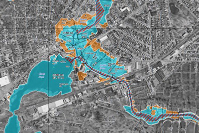 Grey Map of Blue and Orange Flood Areas
