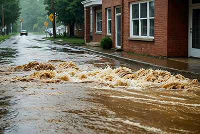 Flooding Waters Rushing Down a Street in Front of an Apartment Building