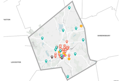 ArcGIS Map Screenshot of the City of Worcester and Pins Indicating Locations of Naloxone and Sharps Disposal Areas