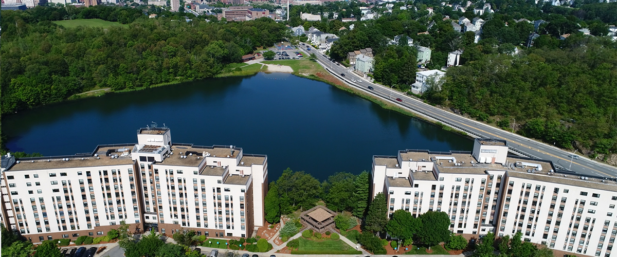 Aerial Photo of Bell Pond with High Rise Apartments in Front and Belmont Street to the Right