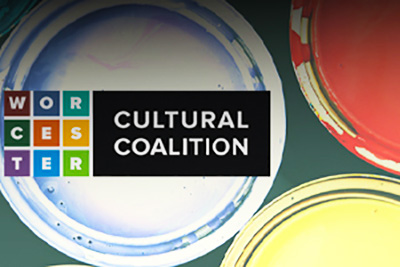 Worcester Cultural Coalition Logo Over Three Paint Buckets